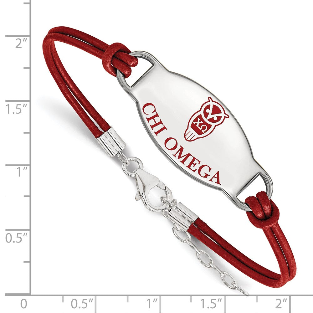 Sterling Silver Rhodium Plated Logoart Chi Omega Sorority Symbol Color Enamel Leather 7 Inch Bracelet With Extender