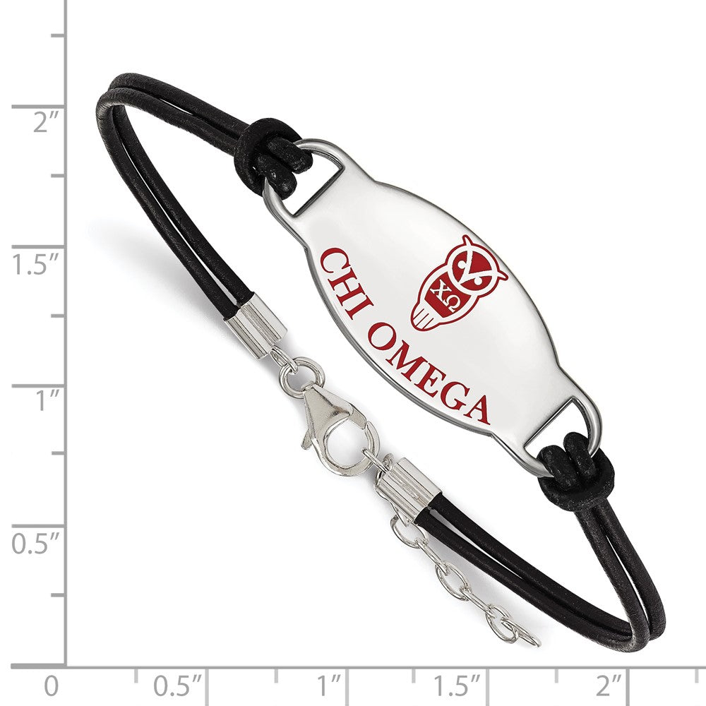 Sterling Silver Rhodium Plated Logoart Chi Omega Sorority Symbol Color Enamel Black Leather 7 Inch Bracelet With Extender