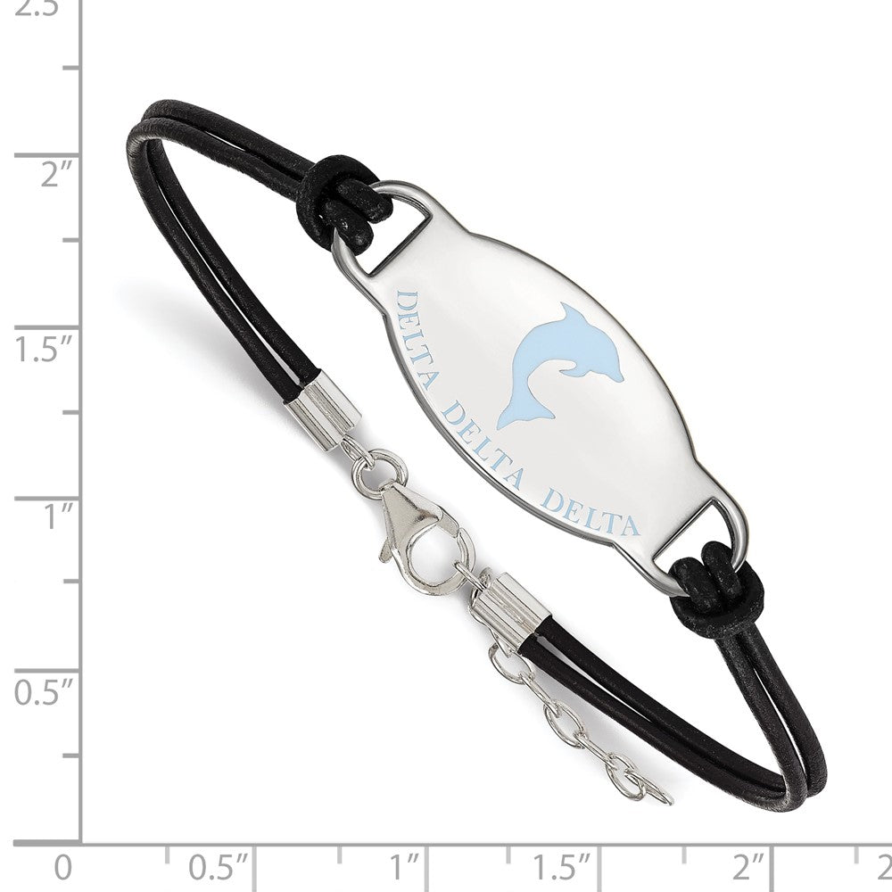 Sterling Silver Rhodium Plated Logoart Delta Sorority Symbol Color Enamel Leather 7 Inch Bracelet With Extender