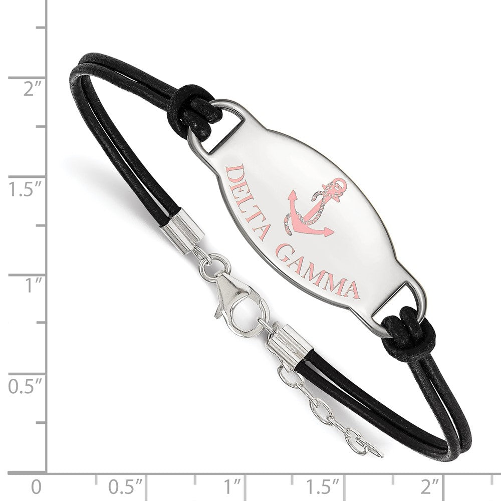 Sterling Silver Rhodium Plated Logoart Delta Gamma Sorority Symbol Color Enamel Black Leather 7 Inch Bracelet With Extender
