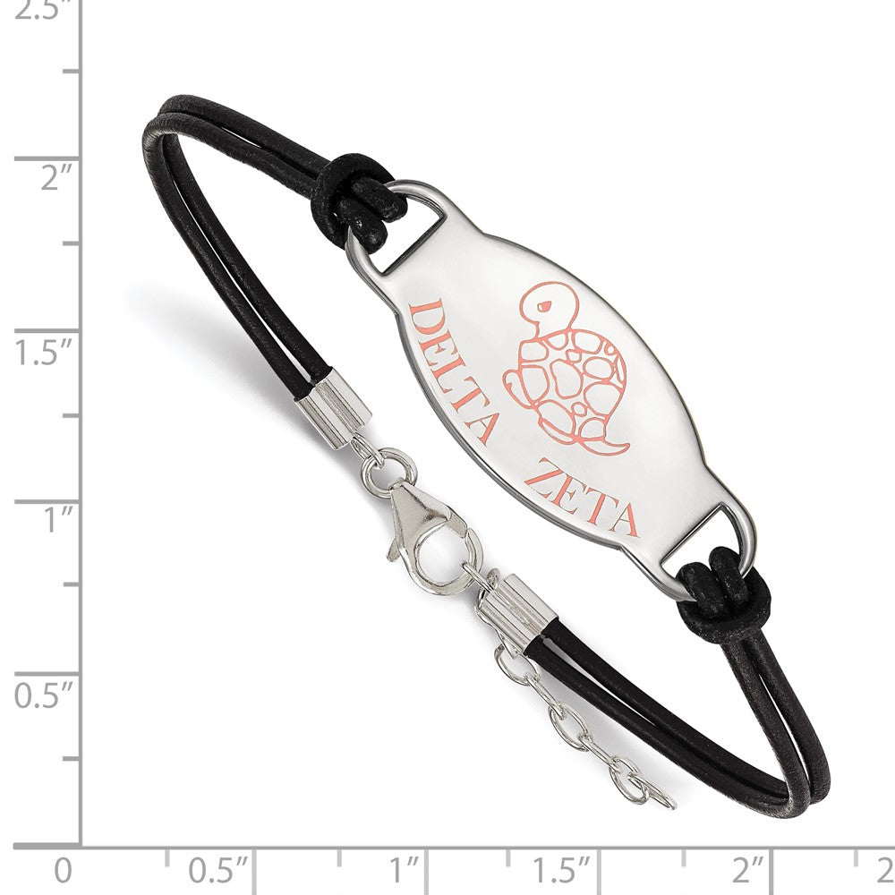 Sterling Silver Rhodium Plated Logoart Delta Zeta Sorority Symbol Color Enamel Black Leather 7 Inch Bracelet With Extender