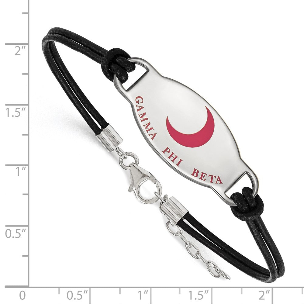 Sterling Silver Rhodium Plated Logoart Gamma Phi Beta Sorority Symbol Color Enamel Black Leather 7 Inch Bracelet With Extender