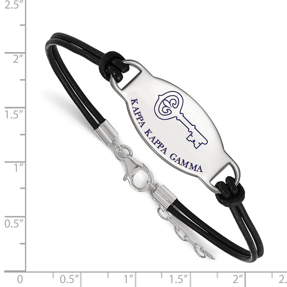 Sterling Silver Rhodium Plated Logoart Kappa Gamma Sorority Symbol Color Enamel Black Leather 7 Inch Bracelet With Extender