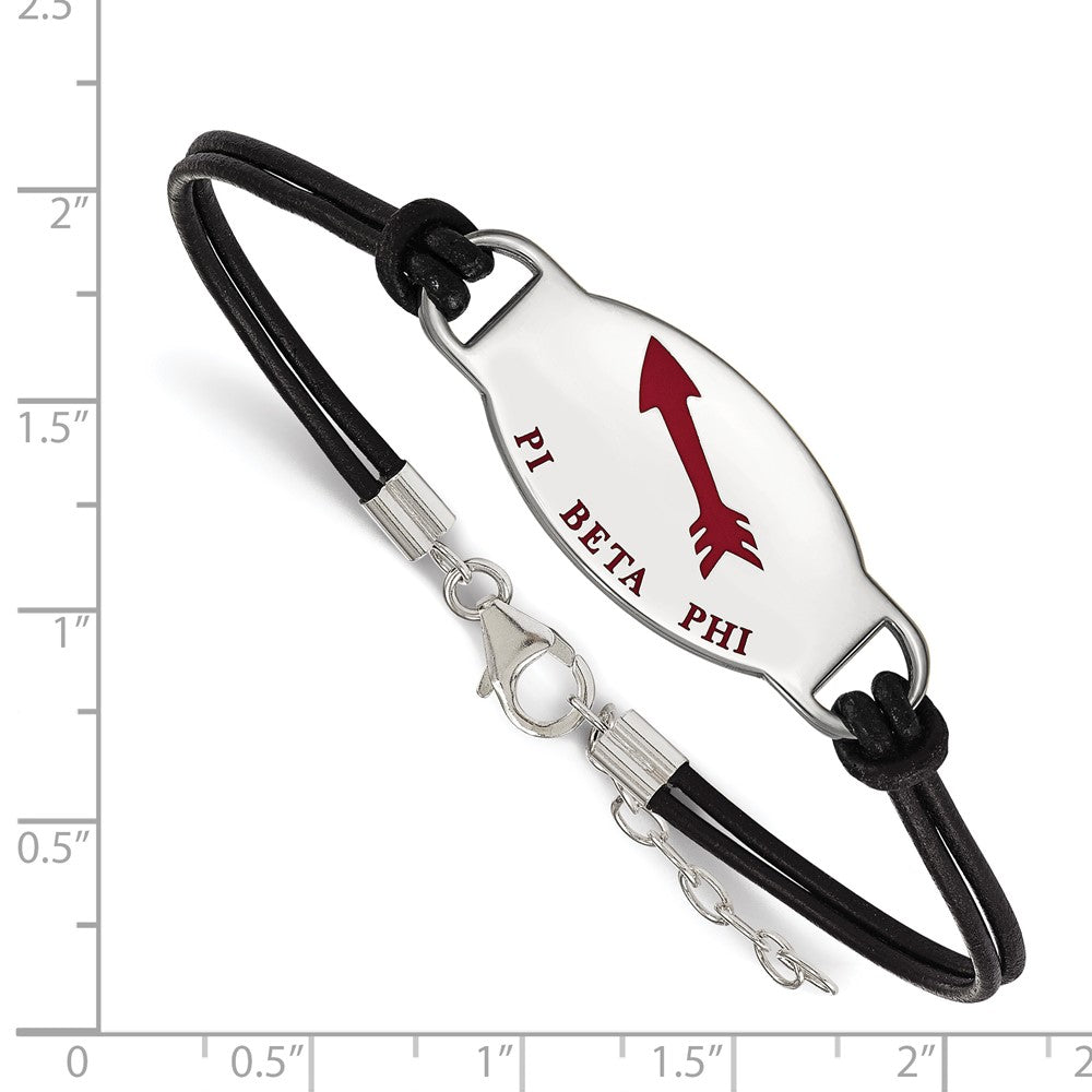 Sterling Silver Rhodium Plated Logoart Pi Beta Phi Sorority Symbol Color Enamel Black Leather 7 Inch Bracelet With Extender