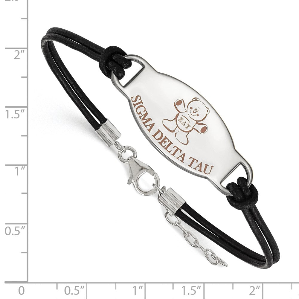 Sterling Silver Rhodium Plated Logoart Sigma Delta Tau Sorority Symbol Color Enamel Black Leather 7 Inch Bracelet With Extender