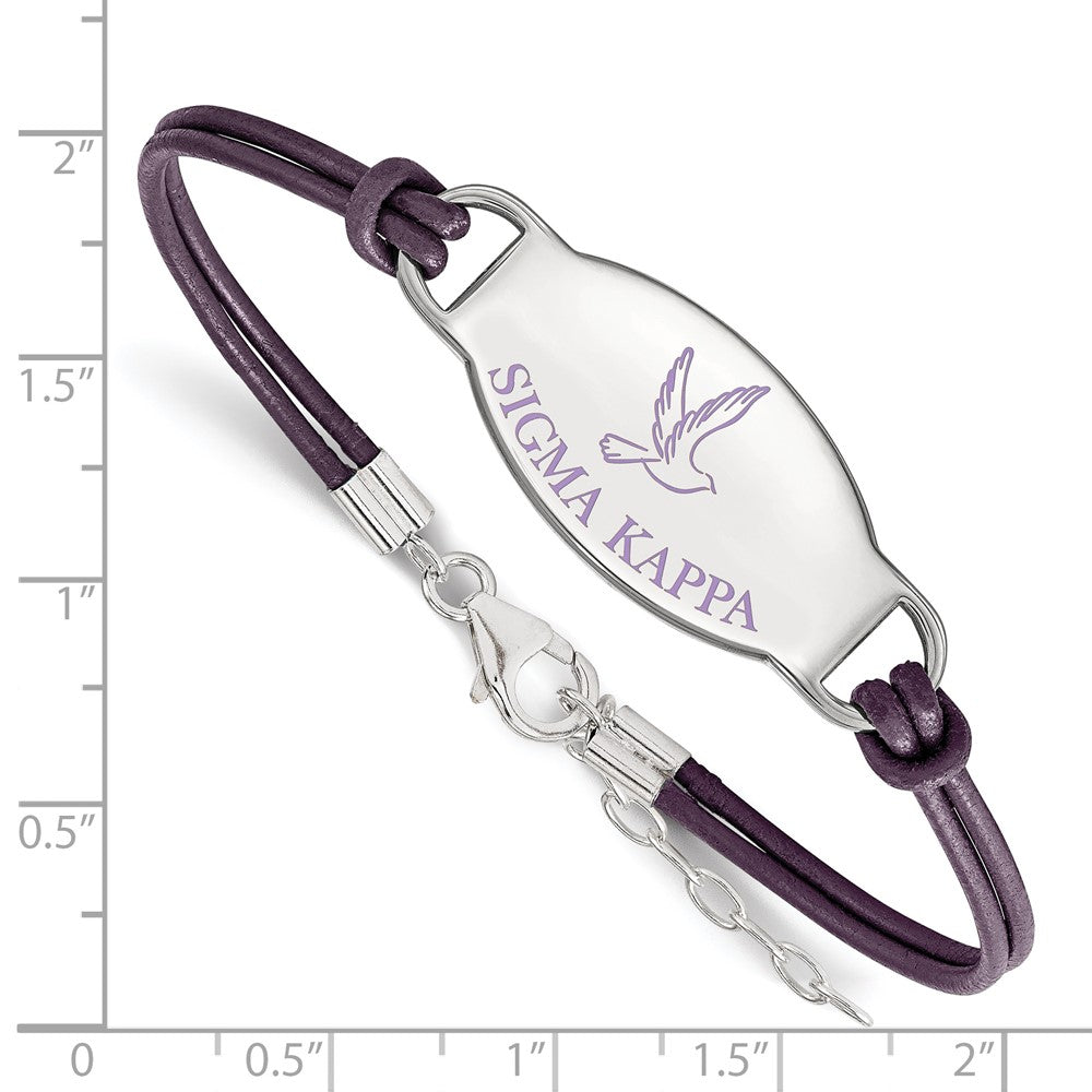 Sterling Silver Rhodium Plated Logoart Sigma Kappa Sorority Symbol Color Enamel Leather 7 Inch Bracelet With Extender