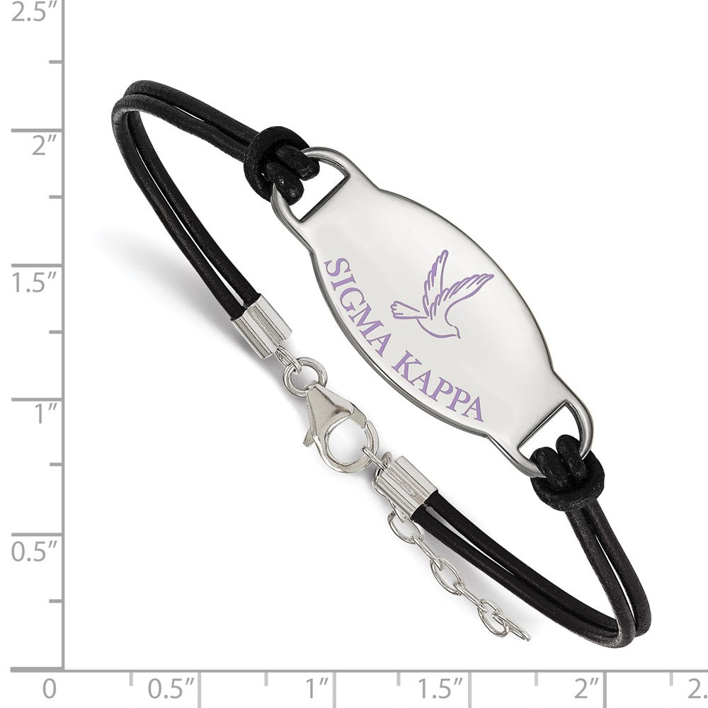 Sterling Silver Rhodium Plated Logoart Sigma Kappa Sorority Symbol Color Enamel Black Leather 7 Inch Bracelet With Extender