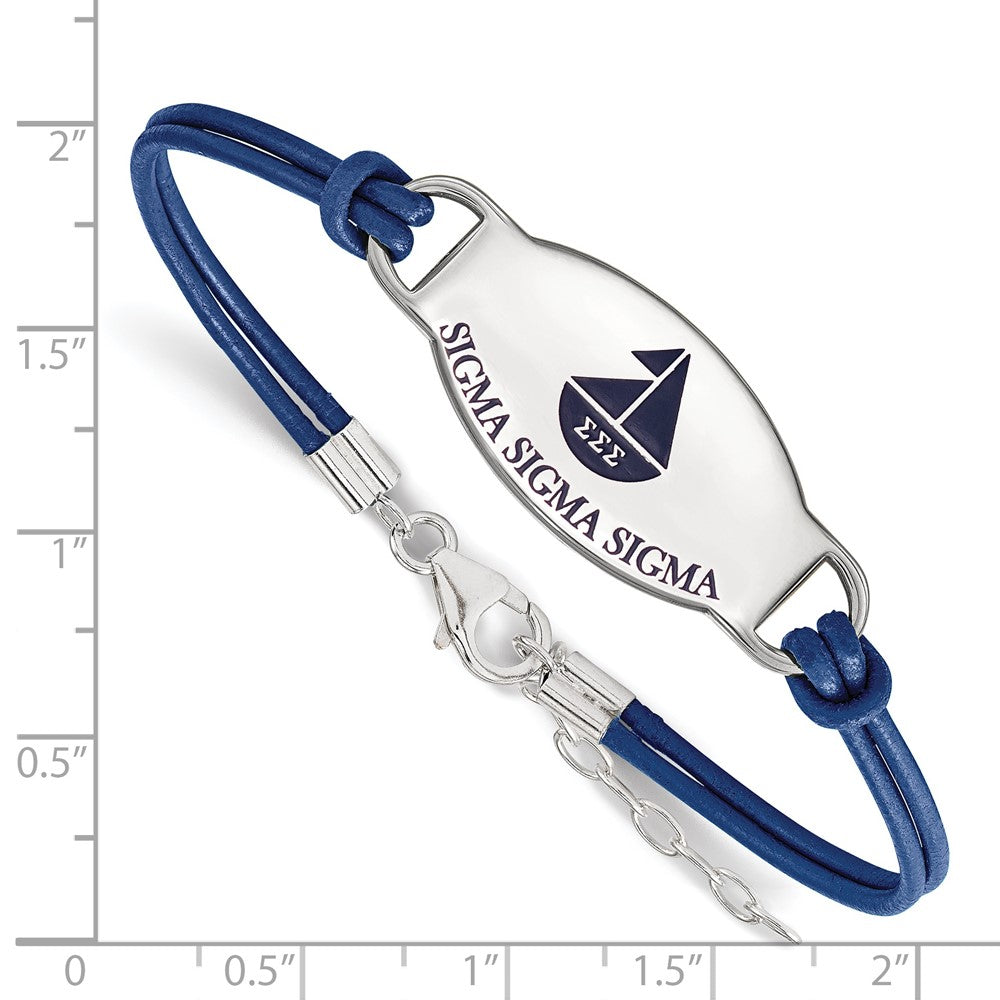 Sterling Silver Rhodium Plated Logoart Sigma Sorority Symbol Color Enamel Leather 7 Inch Bracelet With Extender