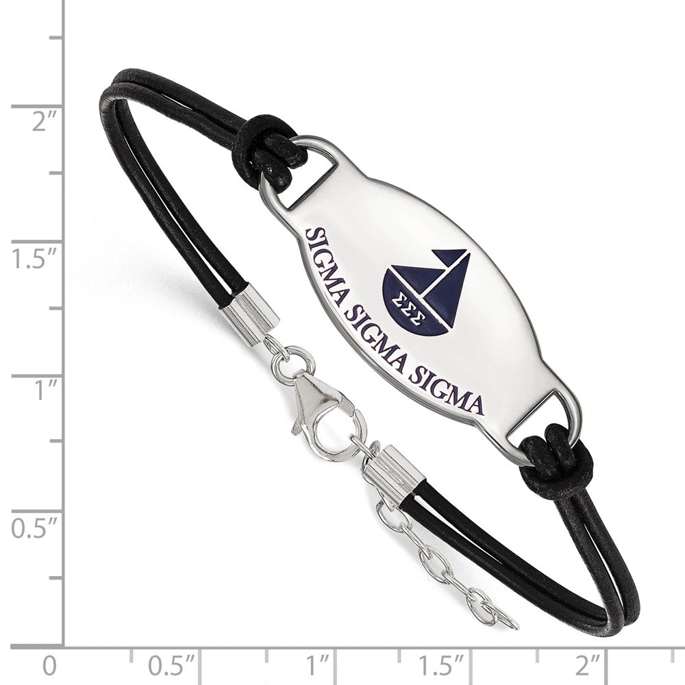 Sterling Silver Rhodium Plated Logoart Sigma Sorority Symbol Color Enamel Black Leather 7 Inch Bracelet With Extender