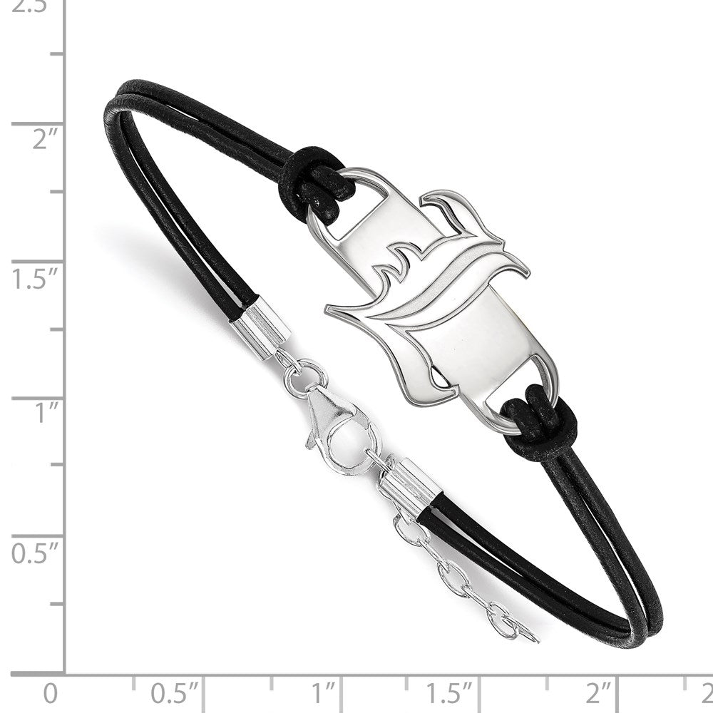 Sterling Silver Rhodium Plated Logoart University Of Louisville Letter L Small Center Black Leather 7 Inch Bracelet With Extender