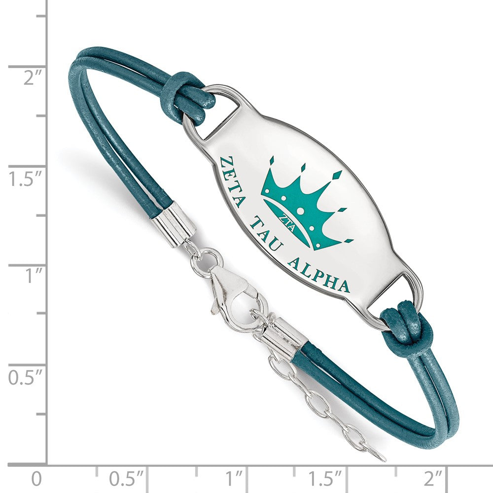 Sterling Silver Rhodium Plated Logoart Zeta Tau Alpha Sorority Symbol Color Enamel Leather 7 Inch Bracelet With Extender