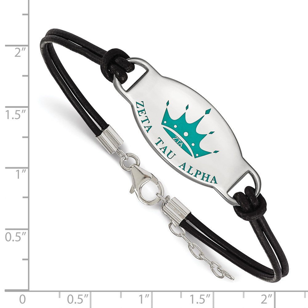 Sterling Silver Rhodium Plated Logoart Zeta Tau Alpha Sorority Symbol Color Enamel Black Leather 7 Inch Bracelet With Extender