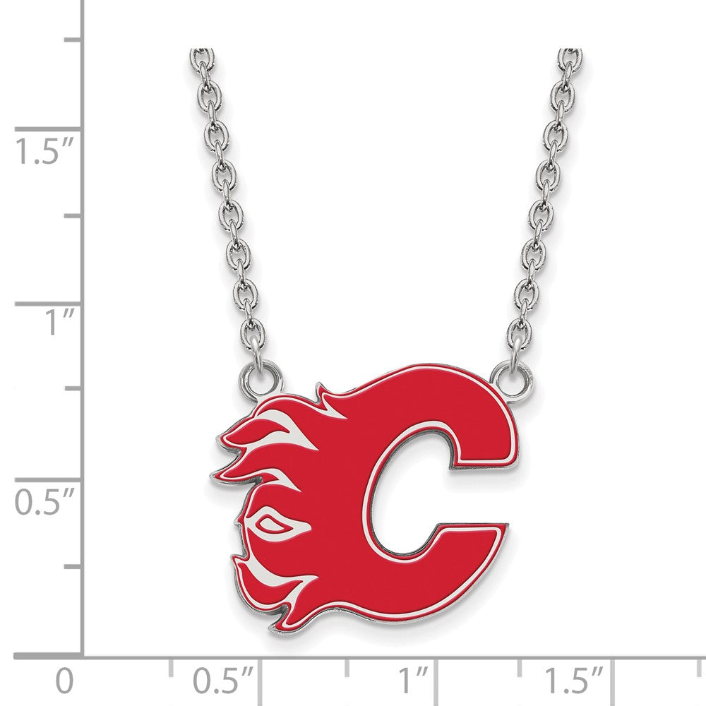 Sterling Silver Rhodium Plated Nhl Logoart Calgary Flames Letter C Large Enameled Pendant 18 Inch Necklace