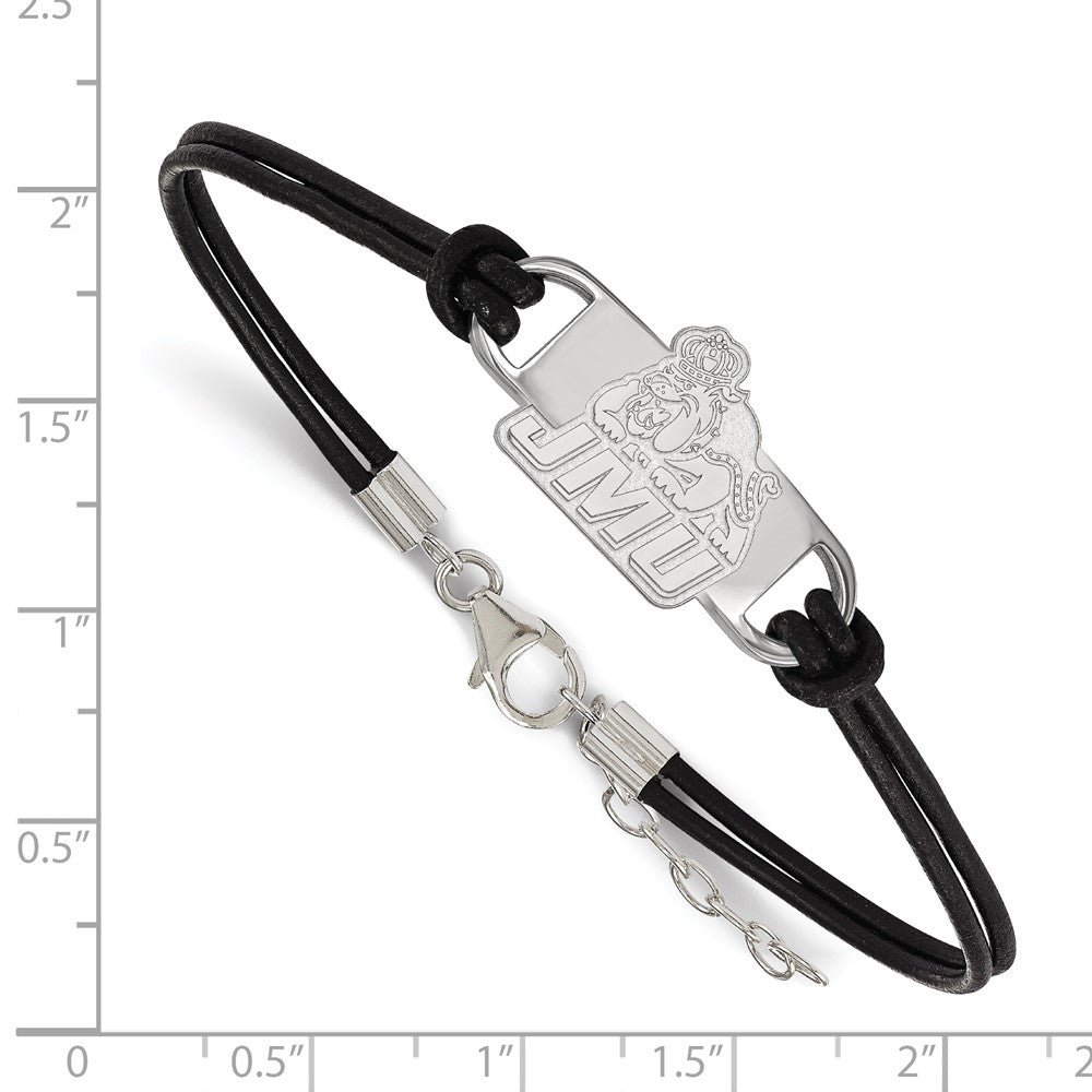Sterling Silver Rhodium Plated Logoart James Madison University Small Center Black Leather 7 Inch Bracelet With Extender