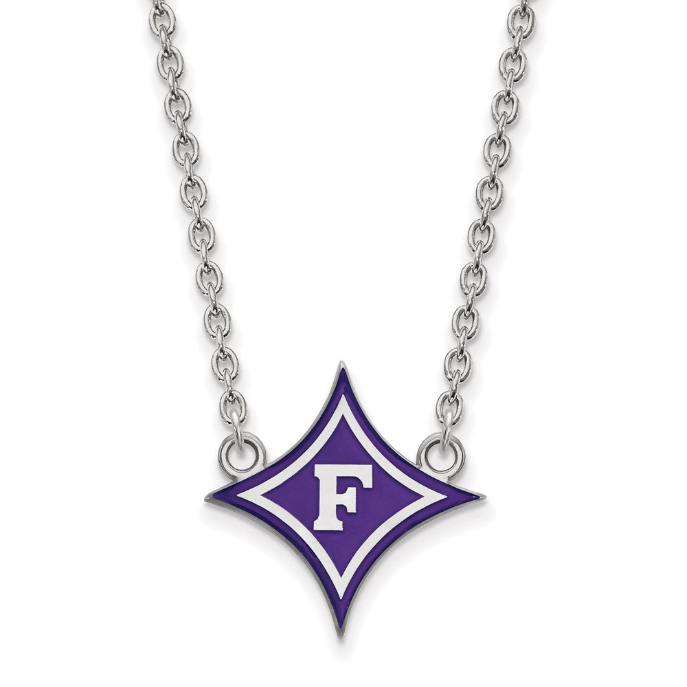 Sterling Silver Rhodium Plated Logoart Furman University Large Enameled Pendant 18 Inch Necklace