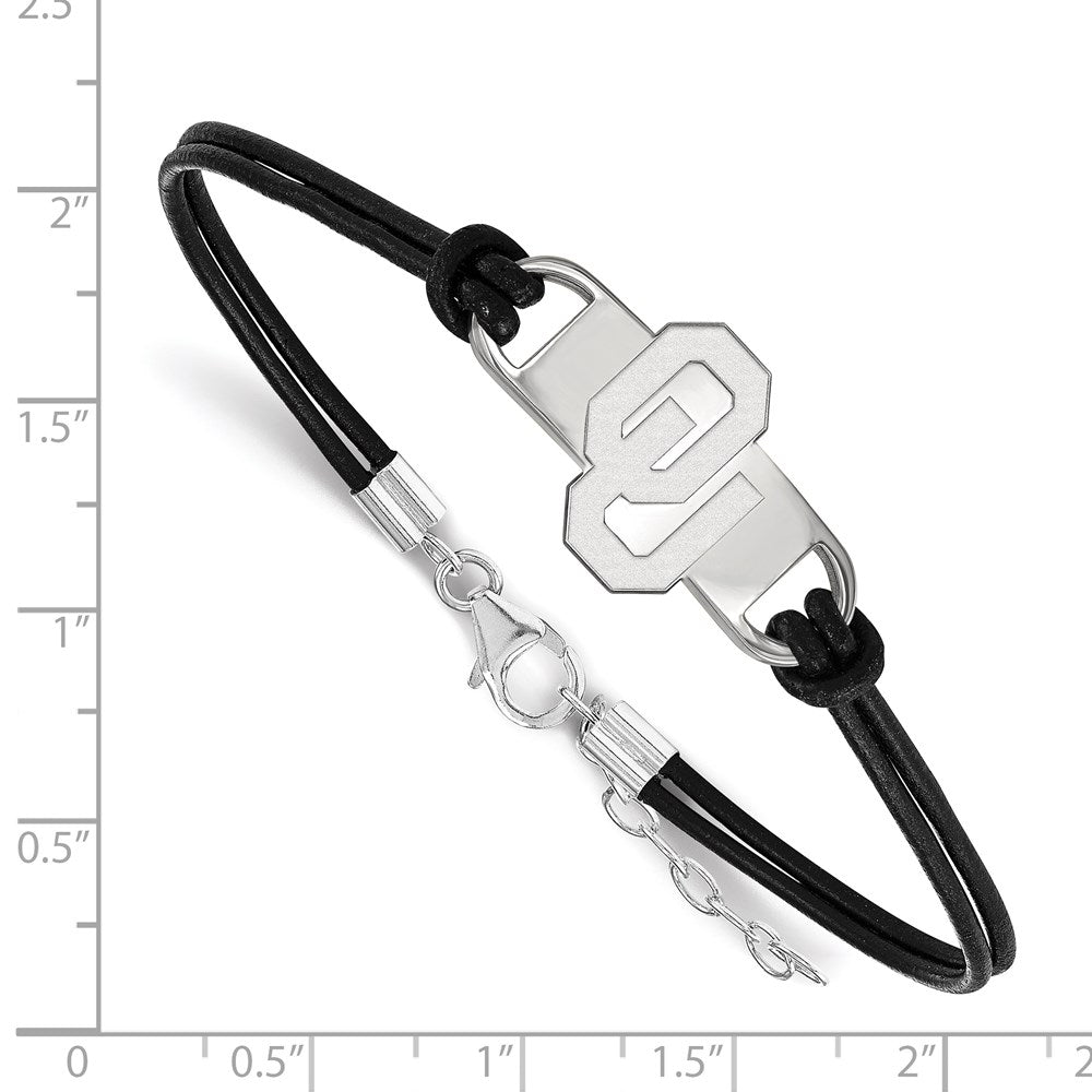 Sterling Silver Rhodium Plated Logoart University Of Oklahoma O U Small Center Black Leather 7 Inch Bracelet With Extender