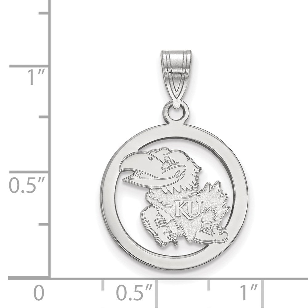 Sterling Silver Rhodium Plated Logoart University Of Kansas Jayhawk Small Circle Pendant