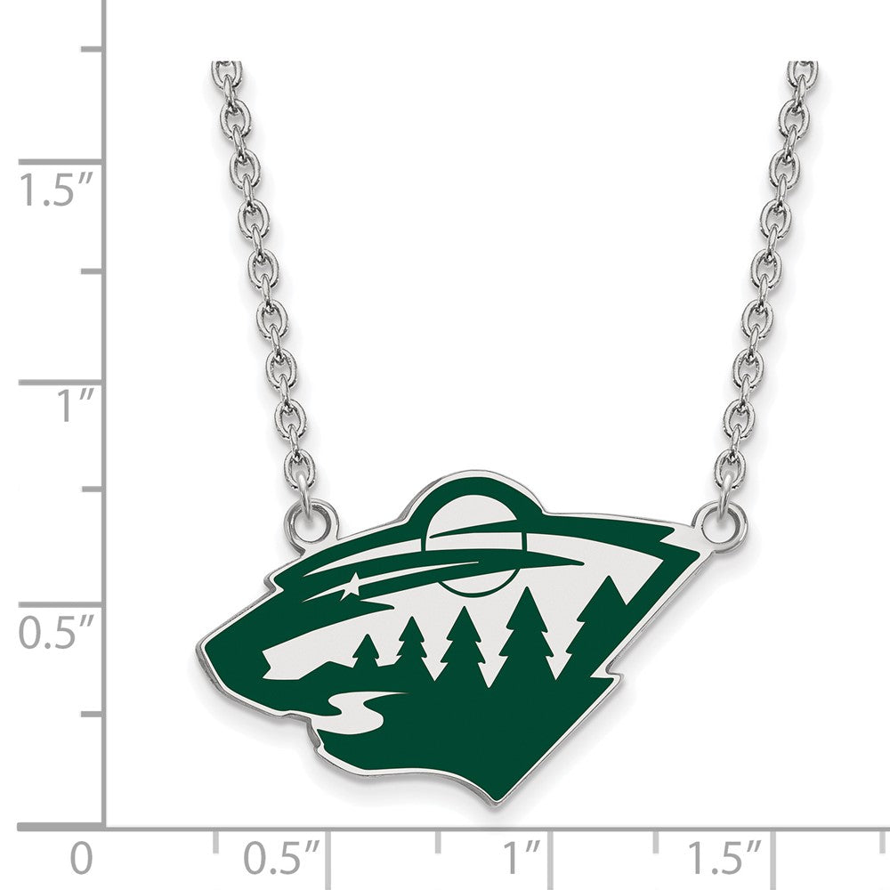 Sterling Silver Rhodium Plated Nhl Logoart Minnesota Wild Large Enameled Pendant 18 Inch Necklace