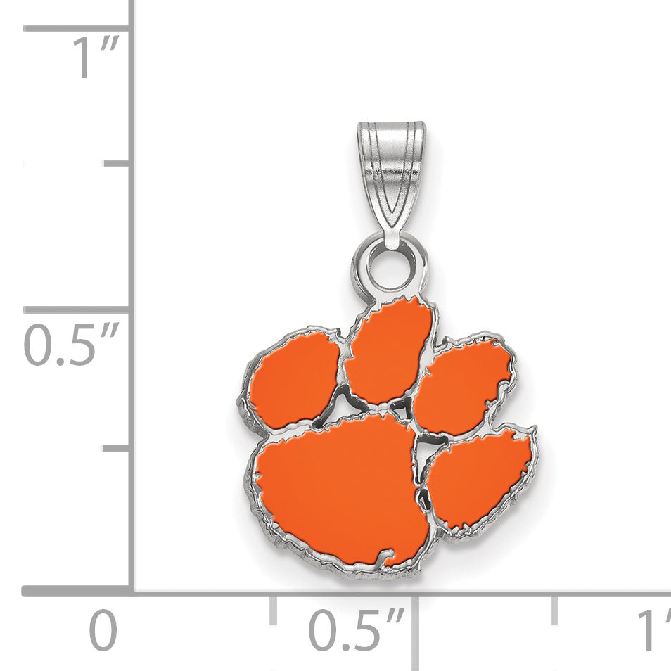 Sterling Silver Rhodium Plated Logoart Clemson University Tiger Paw Small Enameled Pendant