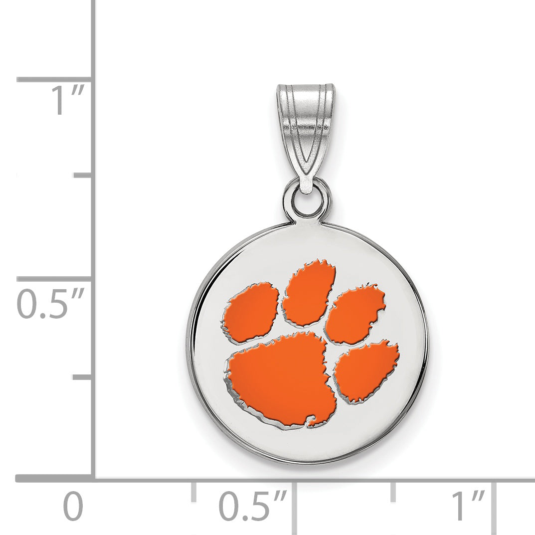 Sterling Silver Rhodium Plated Logoart Clemson University Tiger Paw Medium Enameled Disc Pendant