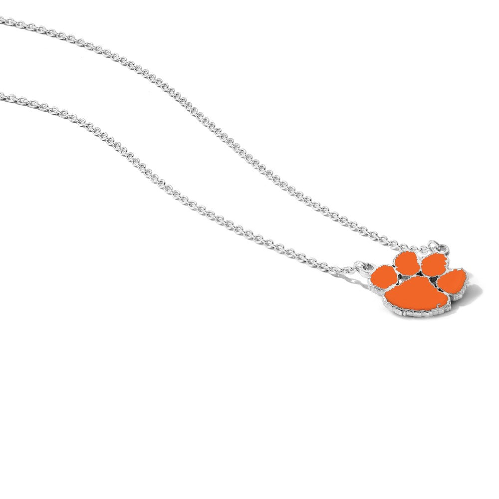Sterling Silver Rhodium Plated Logoart Clemson University Tiger Paw Large Enameled Pendant 18 Inch Necklace