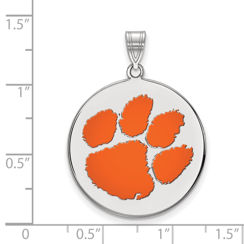 Sterling Silver Rhodium Plated Logoart Clemson University Tiger Paw Extra Large Enameled Disc Pendant