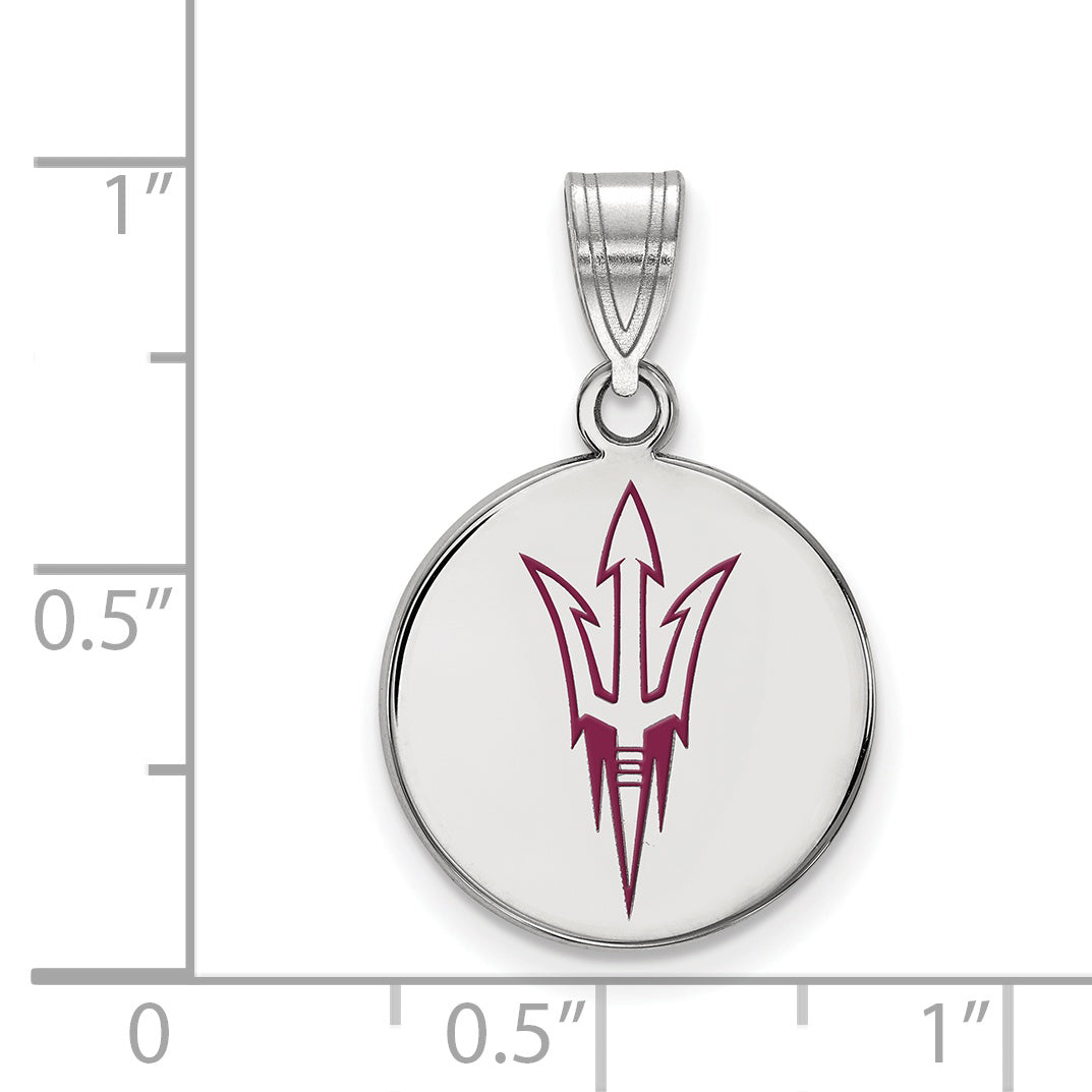 Sterling Silver Rhodium Plated Logoart Arizona State University Pitchfork Medium Enameled Disc Pendant