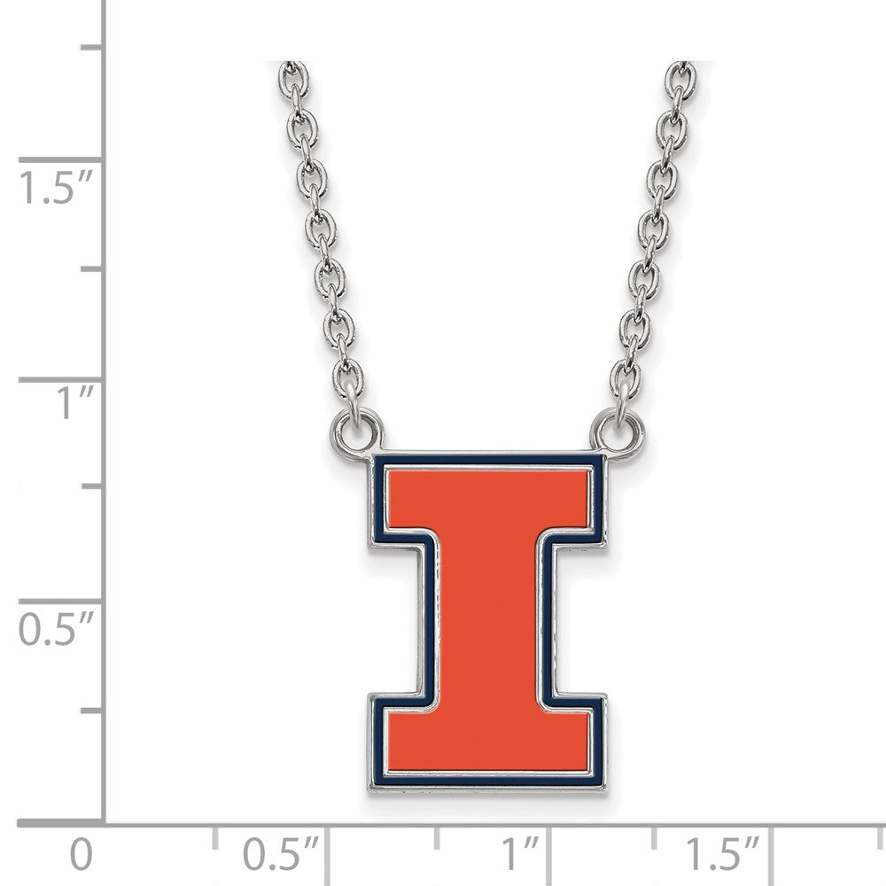 Sterling Silver Rhodium Plated Logoart University Of Illinois Letter I Large Enameled Pendant 18 Inch Necklace