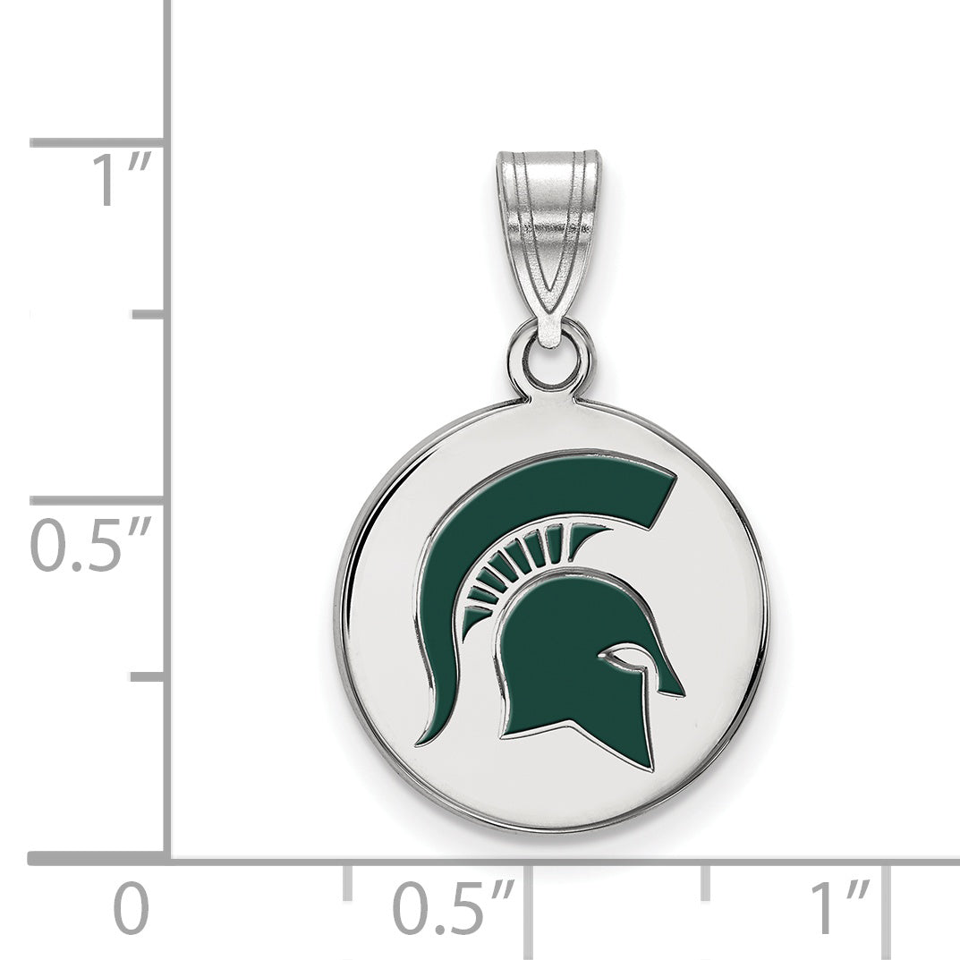 Sterling Silver Rhodium Plated Logoart Michigan State University Spartan Medium Enameled Disc Pendant