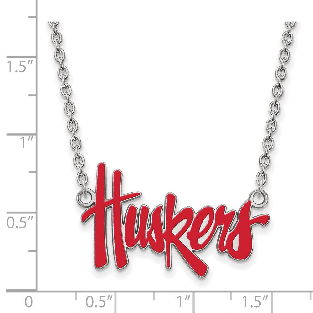 Sterling Silver Rhodium Plated Logoart University Of Nebraska Huskers Script Large Enameled Pendant 18 Inch Necklace