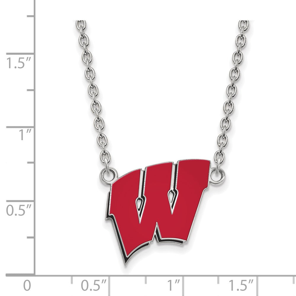 Sterling Silver Rhodium Plated Logoart University Of Wisconsin Letter W Large Enameled Pendant 18 Inch Necklace