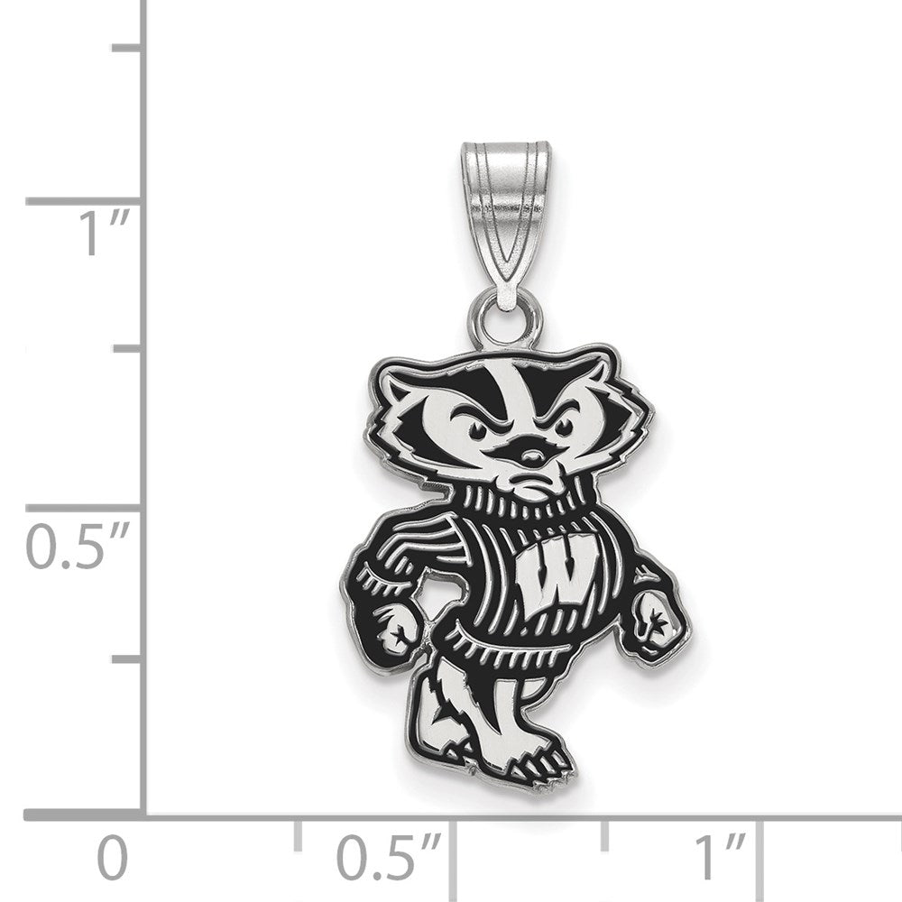 Sterling Silver Rhodium Plated Logoart University Of Wisconsin Badger Large Enameled Pendant