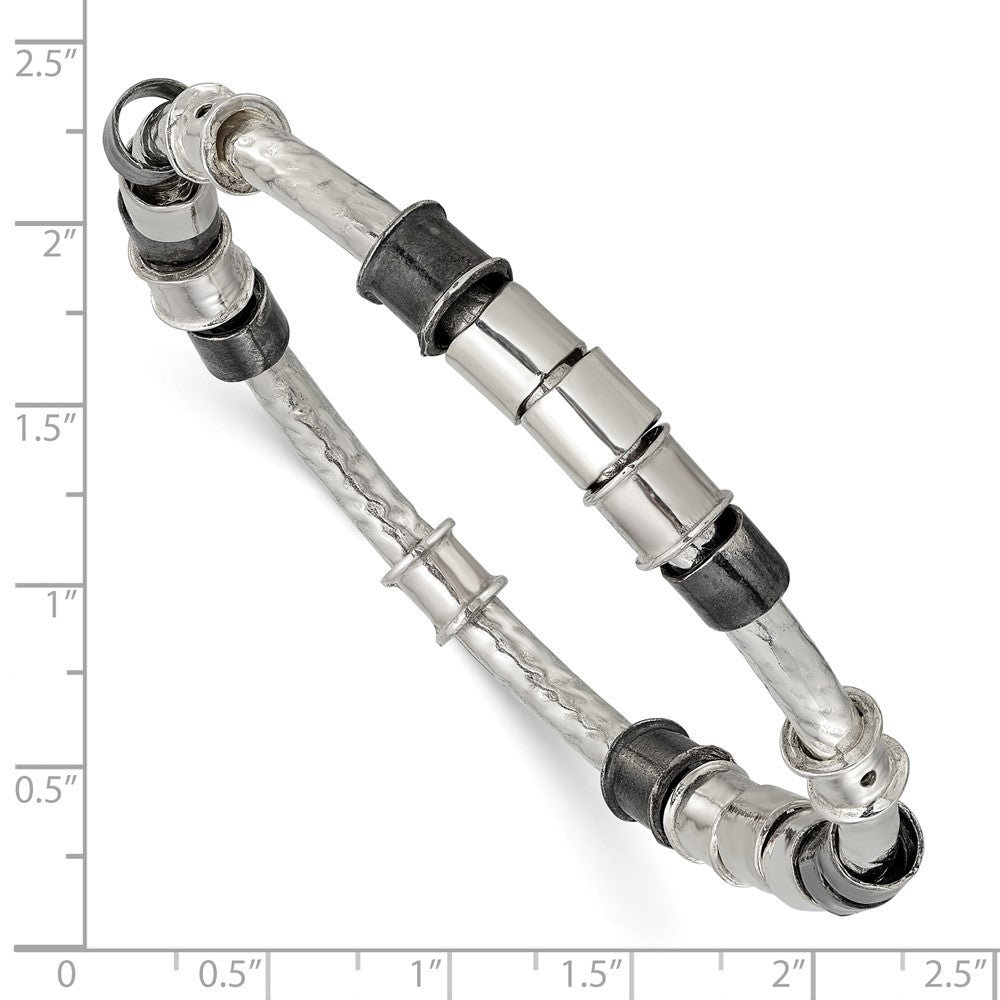 Sterling Silver Polished, Antiqued & Hammered Beaded Slip On Bangle