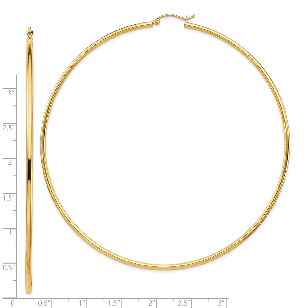 14K Yellow Gold Polished 2X90mm Round Tube Hoop Earrings
