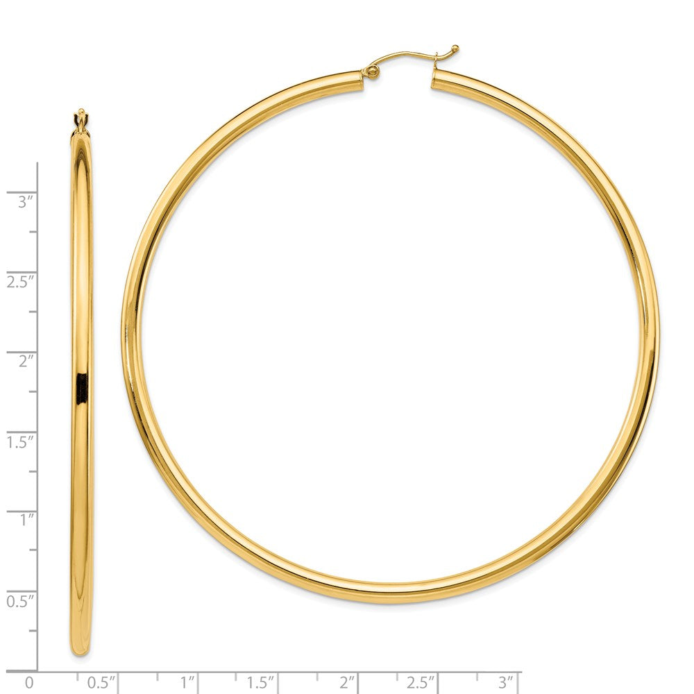 14K Yellow Gold Polished 3X80mm Round Tube Hoop Earrings