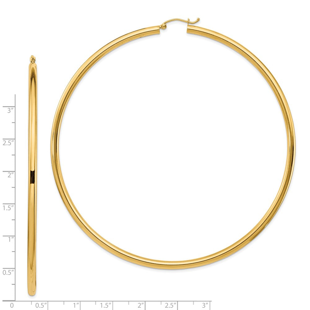14K Yellow Gold Polished 3X90mm Round Tube Hoop Earrings