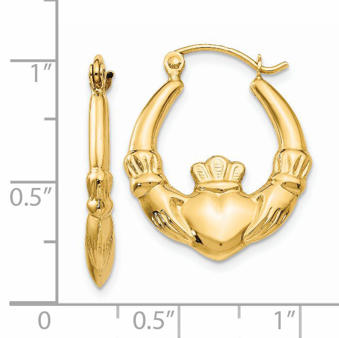 14K Yellow Gold Polished Claddagh Hoop Earrings