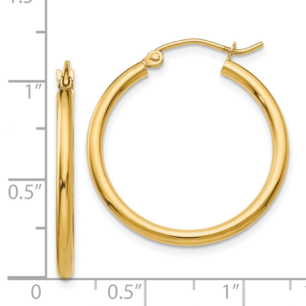 14K Yellow Gold Polished 2X25mm Lightweight Tube Hoop Earrings