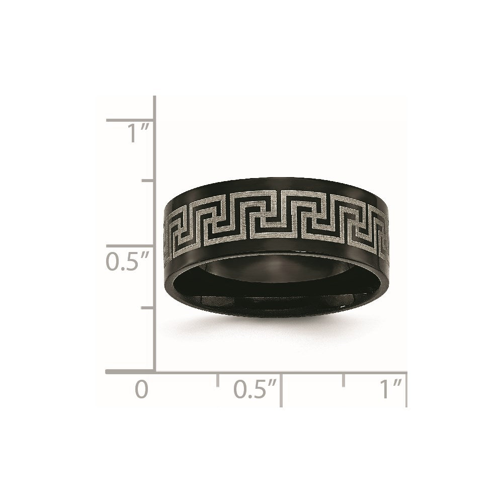 Titanium Black Ip Plated Greek Key Laser Etched 8mm Brushed/Polished Band