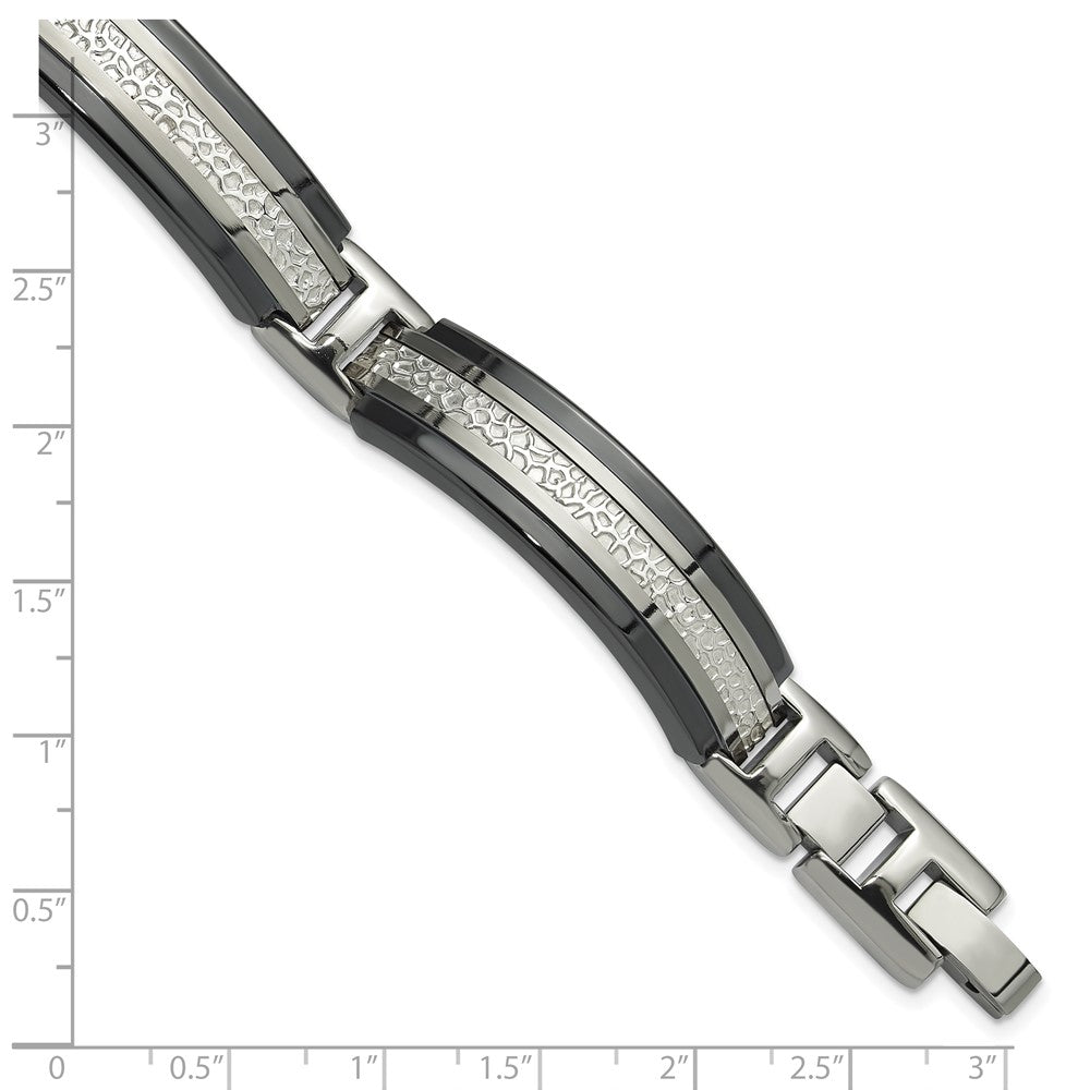 Titanium/Silver Two Tone Titanium Sterling Silver Black Ti Men'S Polished With Textured Center Link Bracelet