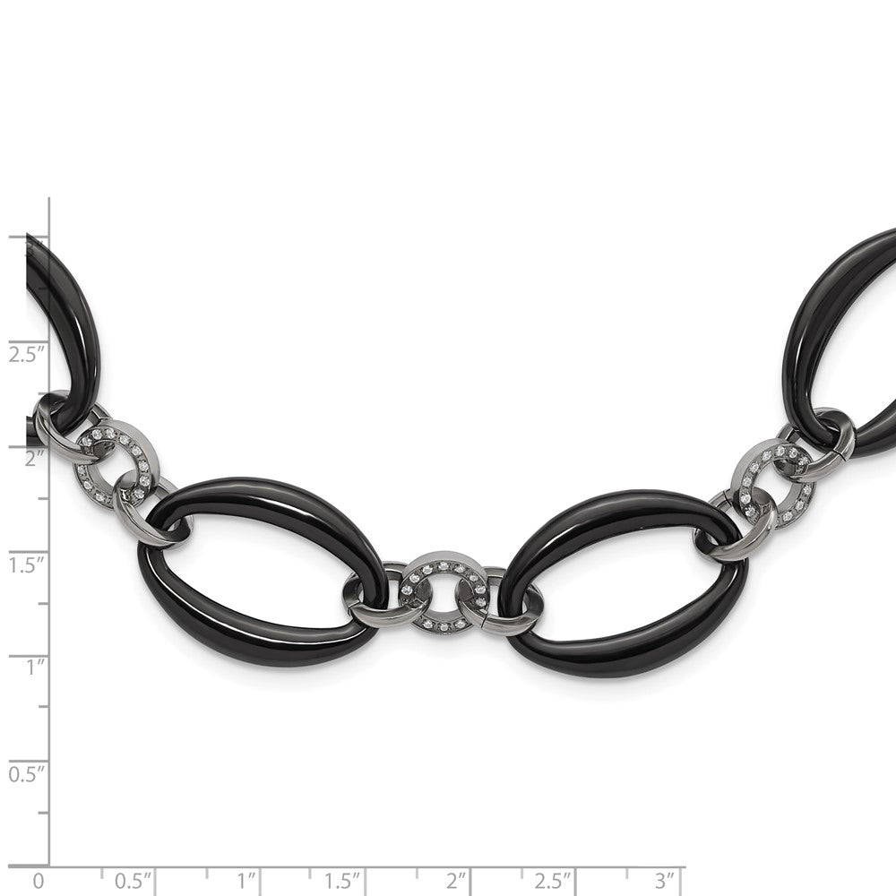 Titanium Polished Black Ip Plated & Cz Oval Link Necklace