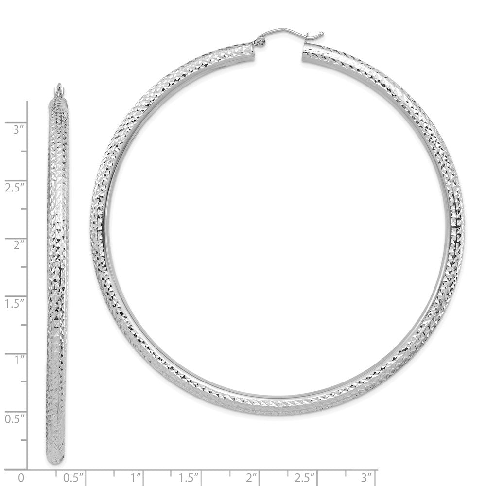 14K White Gold Diamond-Cut 4X80mm Lightweight Round Tube Hoop Earrings