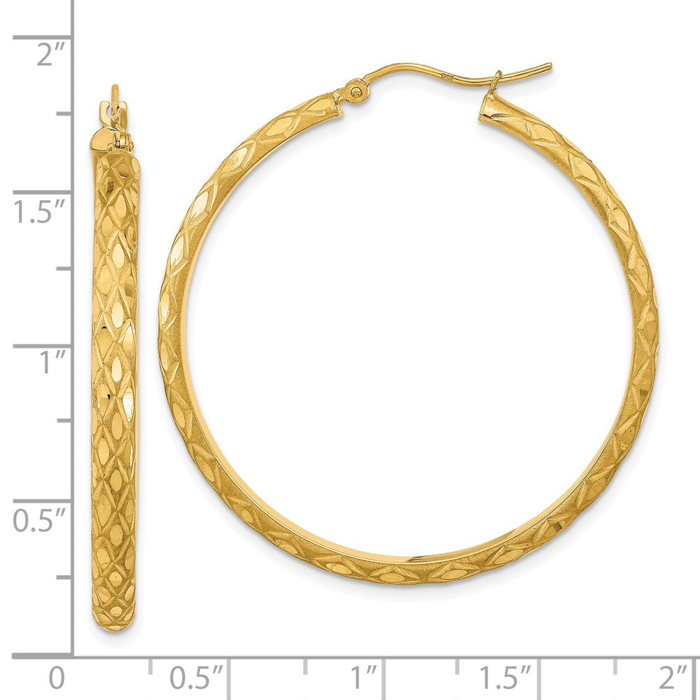 14K Yellow Gold Polished And Satin Diamond-Cut Diamond Pattern Hoop Earrings