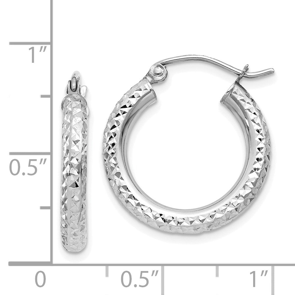 14K White Gold Diamond-Cut 3mm Round Hoop Earrings