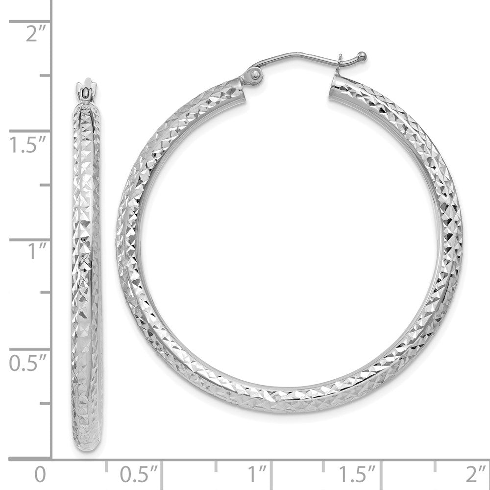 14K White Gold Diamond-Cut 3mm Round Hoop Earrings