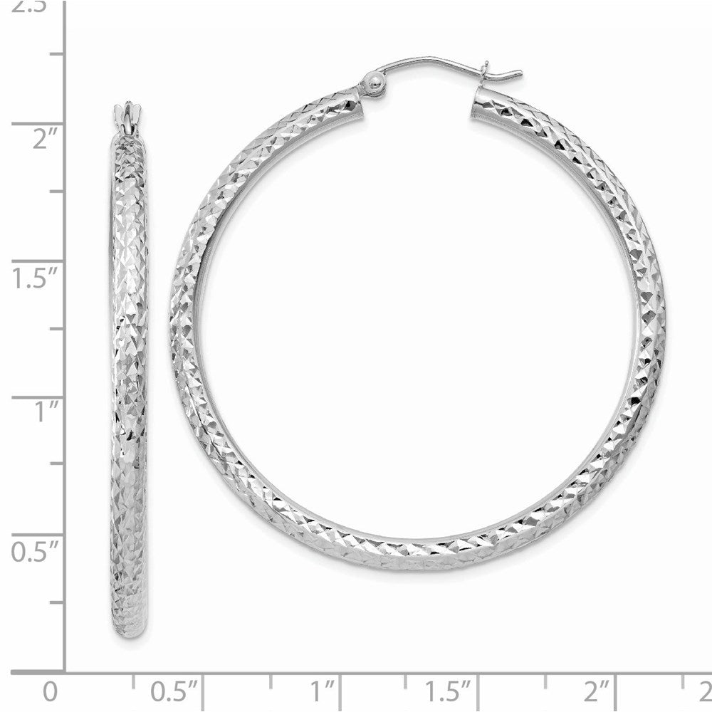 14K White Gold Diamond-Cut 3mm Round Hoop Earrings