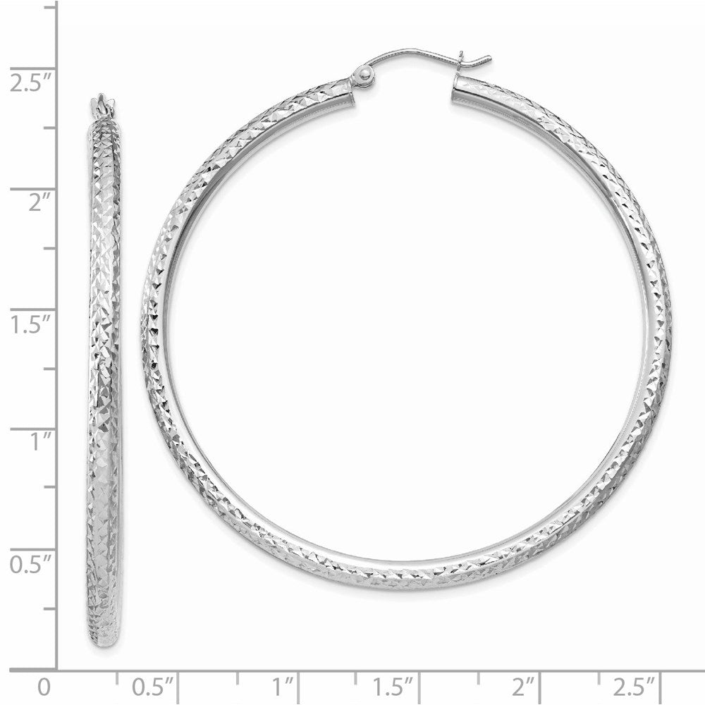 14K White Gold Diamond-Cut 3mm Round Hoop Earrings