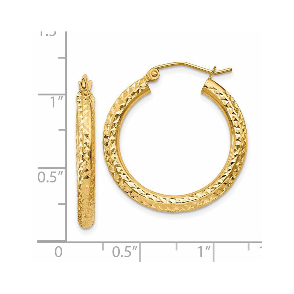 14K Yellow Gold Diamond-Cut 3mm Round Hoop Earrings