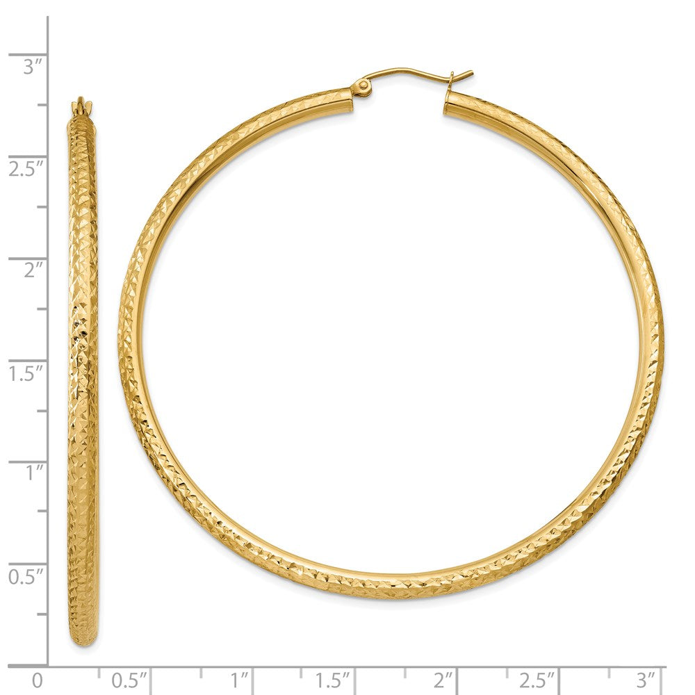 14K Yellow Gold Diamond-Cut 3mm Round Hoop Earrings