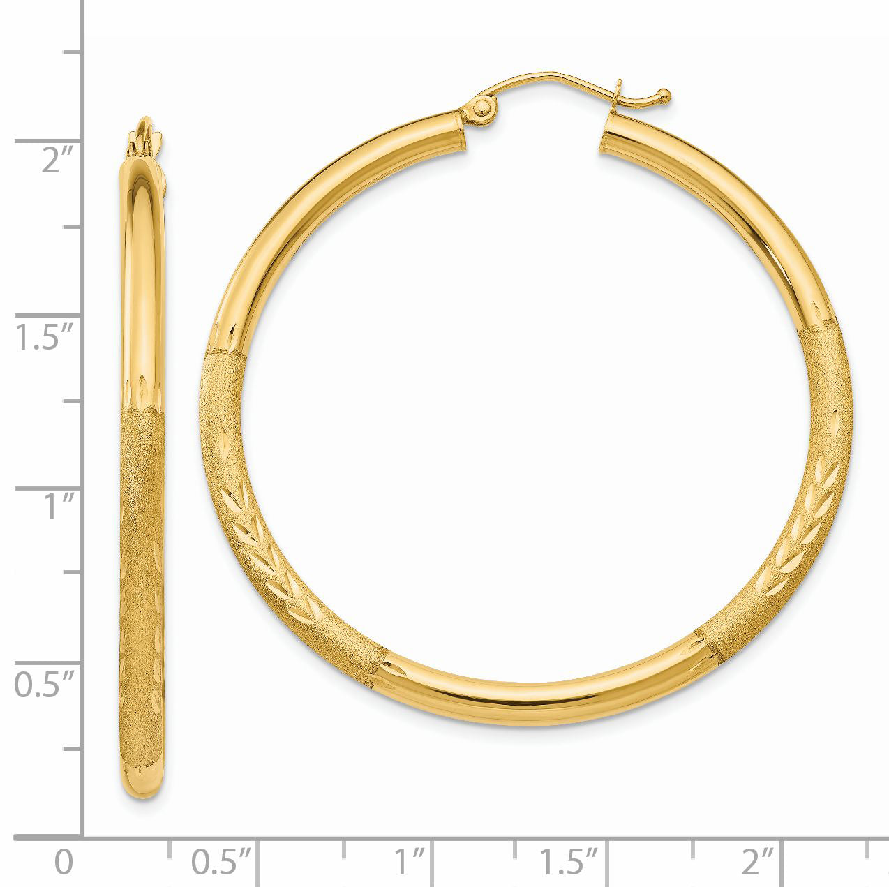14K Yellow Gold Satin And Diamond-Cut 3mm Round Hoop Earrings